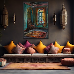 Indian Room Home Decor - Traditional Indian Room With Window And Interior Decor Colorful Painting Canvas Print Framed Ready To Hang