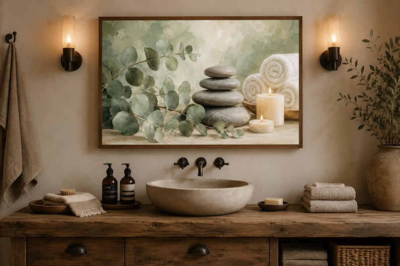 May include: A rectangular wall art print featuring a stack of smooth grey stones, green eucalyptus branches, rolled white towels, and two cream-coloured pillar candles. The artwork is displayed in a wooden frame above a bathroom vanity with a stone sink.