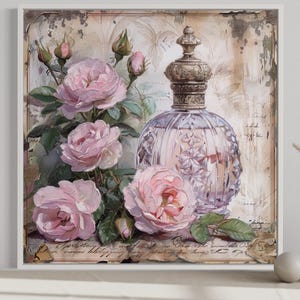 Shabby Chic  Wall Art, Pink Perfume And Roses Painting Canvas PRINT, Rustic Bedroom, Living Room, Bathroom Wall Decor Framed Ready To Hang