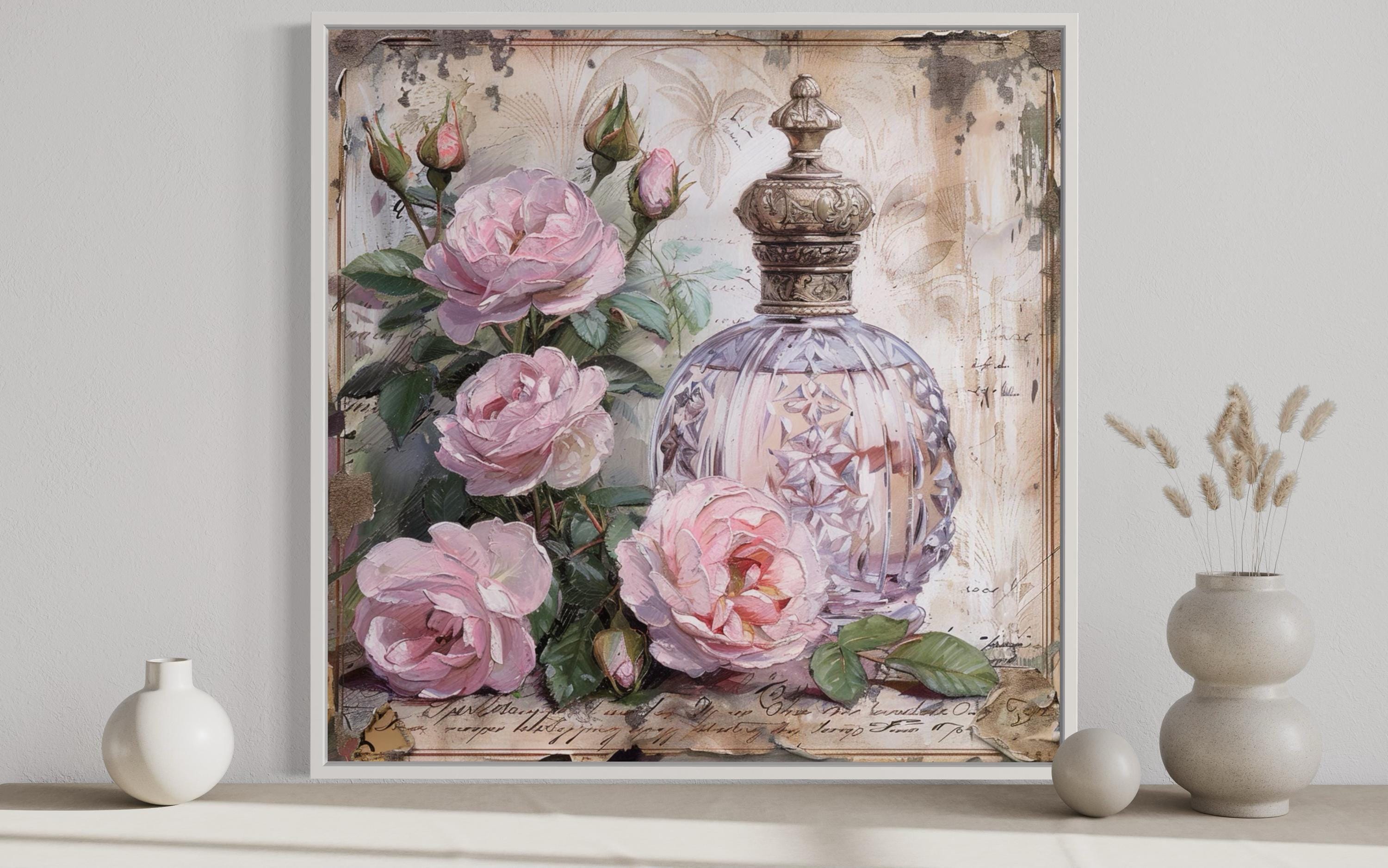 Shabby Chic  Wall Art, Pink Perfume And Roses Painting Canvas PRINT, Rustic Bedroom, Living Room, Bathroom Wall Decor Framed Ready To Hang