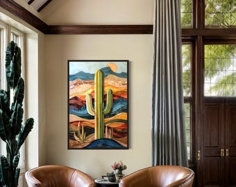 Layered Wood Style Cactus Wall Art, Southwestern Wall Decor, Cactus Painting Canvas Print Framed Ready To Hang