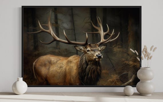 Elk Wall Art Canvas Print - Rustic Deer Painting, Wildlife Wall Art, Forest Animals For Cabin Decor, Framed Ready to Hang