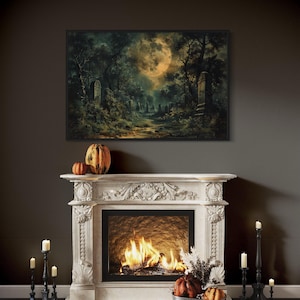 Gothic Haunted Cemetery Under Full Moon Painting Canvas PRINT, Moody Gothic Graveyard Dark Wall Decor Framed Ready To Hang