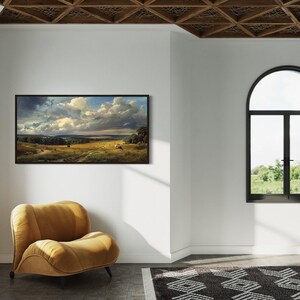 a cozy living room with a large window offering a view of a field and a cloudy sky. The room is decorated with a yellow armchair, a potted plant, and a rug with a geometric pattern. A painting of a landscape is hanging on the wall, adding an artistic touch to the space.