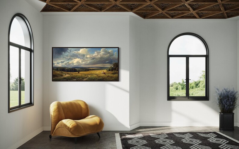 a cozy living room with a large window offering a view of a field and a cloudy sky. The room is decorated with a yellow armchair, a potted plant, and a rug with a geometric pattern. A painting of a landscape is hanging on the wall, adding an artistic touch to the space.