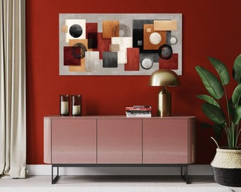 Modern Geometric Wall Art – Abstract Canvas Print with Red, Black, Beige and Orange Shapes, Contemporary Horizontal Artwork for Living Room