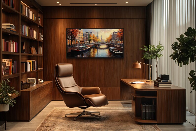 a modern and well-lit home office with a large wooden bookshelf, a comfortable leather chair, and a desk with a lamp. The room has a warm and inviting atmosphere, with a large painting of a cityscape on the wall.