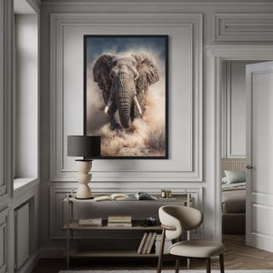 Charging Elephant Wall Art, Vertical African Wildlife Photography Style Canvas, Safari Animal Decor Framed Ready To Hang