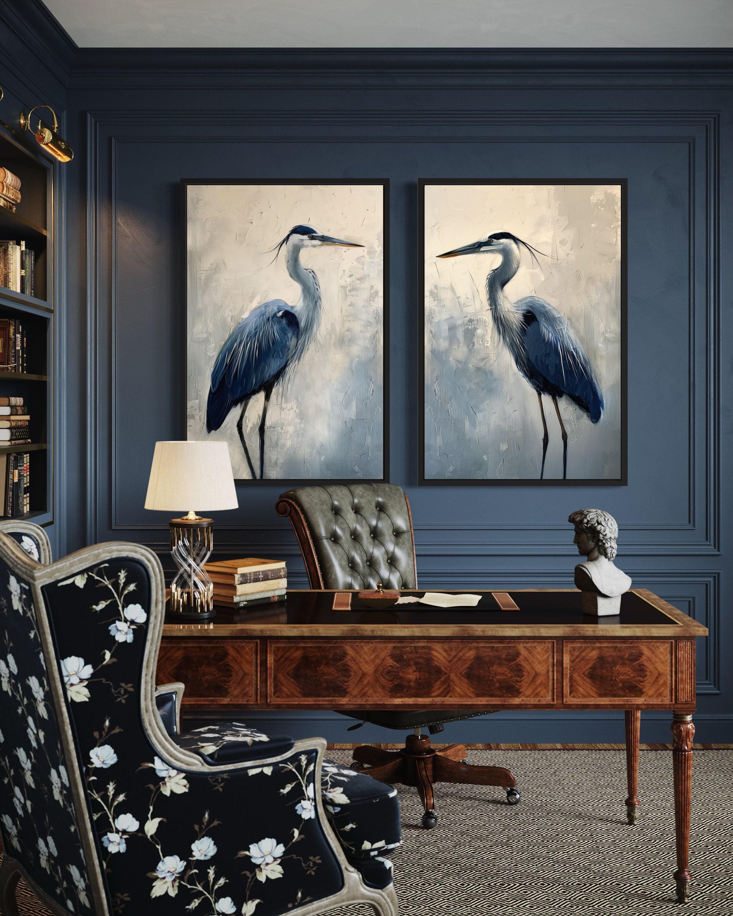 Set of 2 Blue Herons Wall Art, Abstract Heron Paintings Canvas PRINTs Coastal Birds Wall Art Framed Ready To Hang