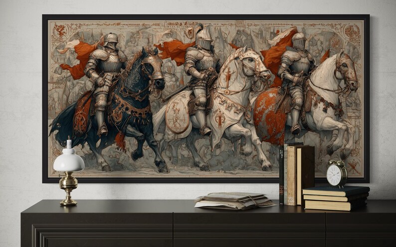 Medieval Knights Wall Art – Gothic Battle Scene Canvas Print, Armored Horsemen With Swords, Man Cave Medieval Warrior Wall Décor Bild 11