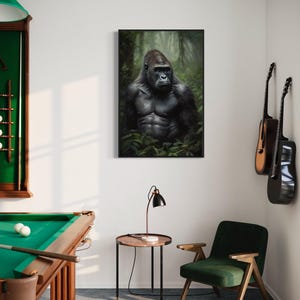 a room with a pool table, a guitar, and a framed picture of a gorilla.