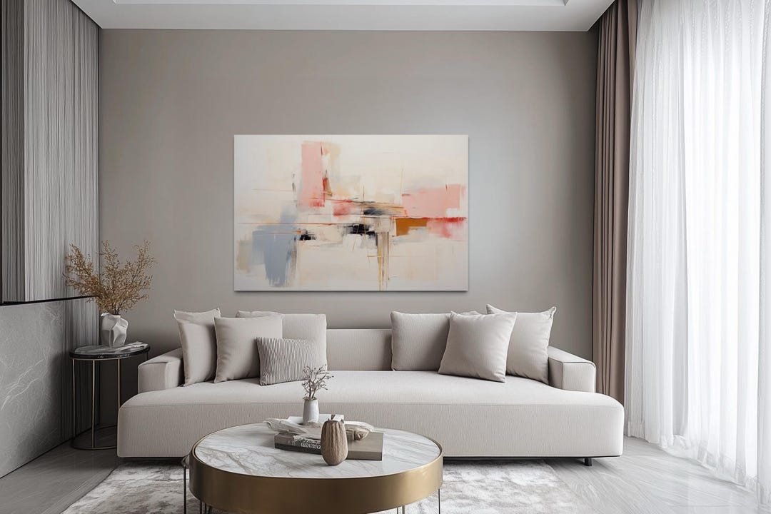 Modern Abstract Blush Pink Cream and Blue Canvas Wall Art, Minimalist ...
