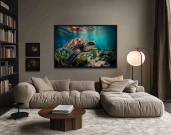 May include: A framed print of a sea turtle swimming underwater, with a beige and brown shell, surrounded by aquatic plants. The artwork hangs above a beige sectional sofa in a modern living room setting.