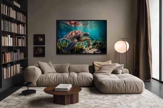 Underwater Wall Art Sea Turtle Painting Canvas Print - Marine Life Coral Reef, Bathroom Wall Art Framed Ready To Hang