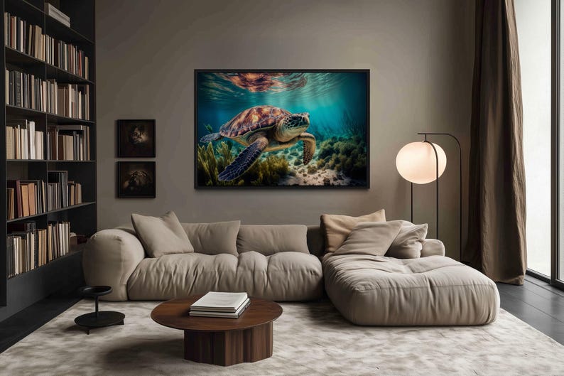 a large, colorful painting of a sea turtle swimming in the ocean, hanging on the wall above a beige sofa in a cozy living room setting.