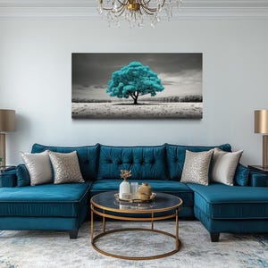 Teal Tree on Black White Background Extra Large Living Room Wall Art - Teal Gray Painting Canvas Print Framed, Unframed, Ready To Hang
