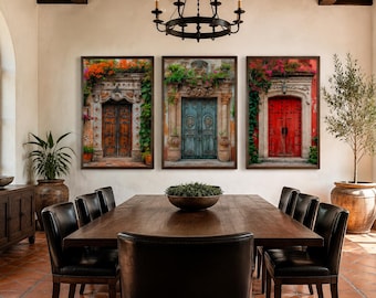 Puede incluir: Un conjunto de tres láminas de arte mural enmarcadas que representan puertas arquitectónicas ornamentadas. La lámina de la izquierda muestra una puerta de madera marrón con flores naranjas, la central una puerta turquesa y la derecha una puerta roja.