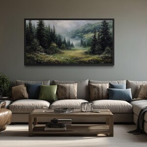 Misty Mountain Meadow and Pine Forest Canvas Wall Art, Serene Nature Landscape Painting for Rustic Cabin, Lodge, or Modern Living Room Decor