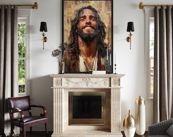 Modern Jesus Wall Art, Smiling Jesus Abstract Graffiti Painting Canvas Print, Modern Christian Wall Decor Framed Ready To Hang