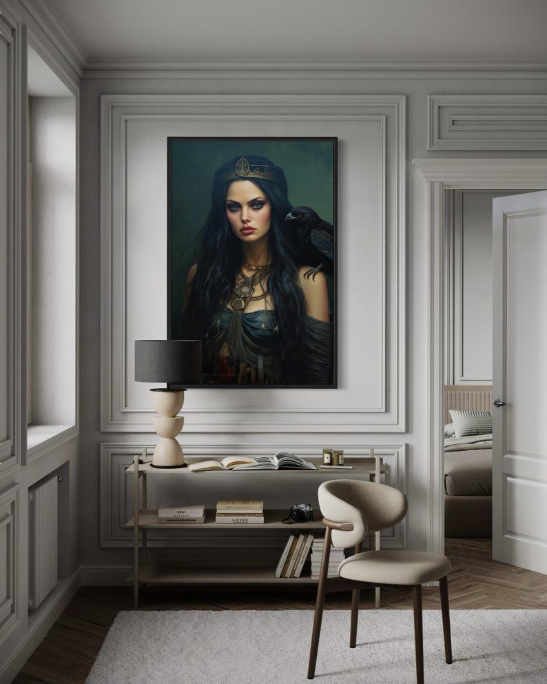 a large portrait of a woman with long dark hair and a crown, hanging on a wall in a room with a bookshelf and a chair.