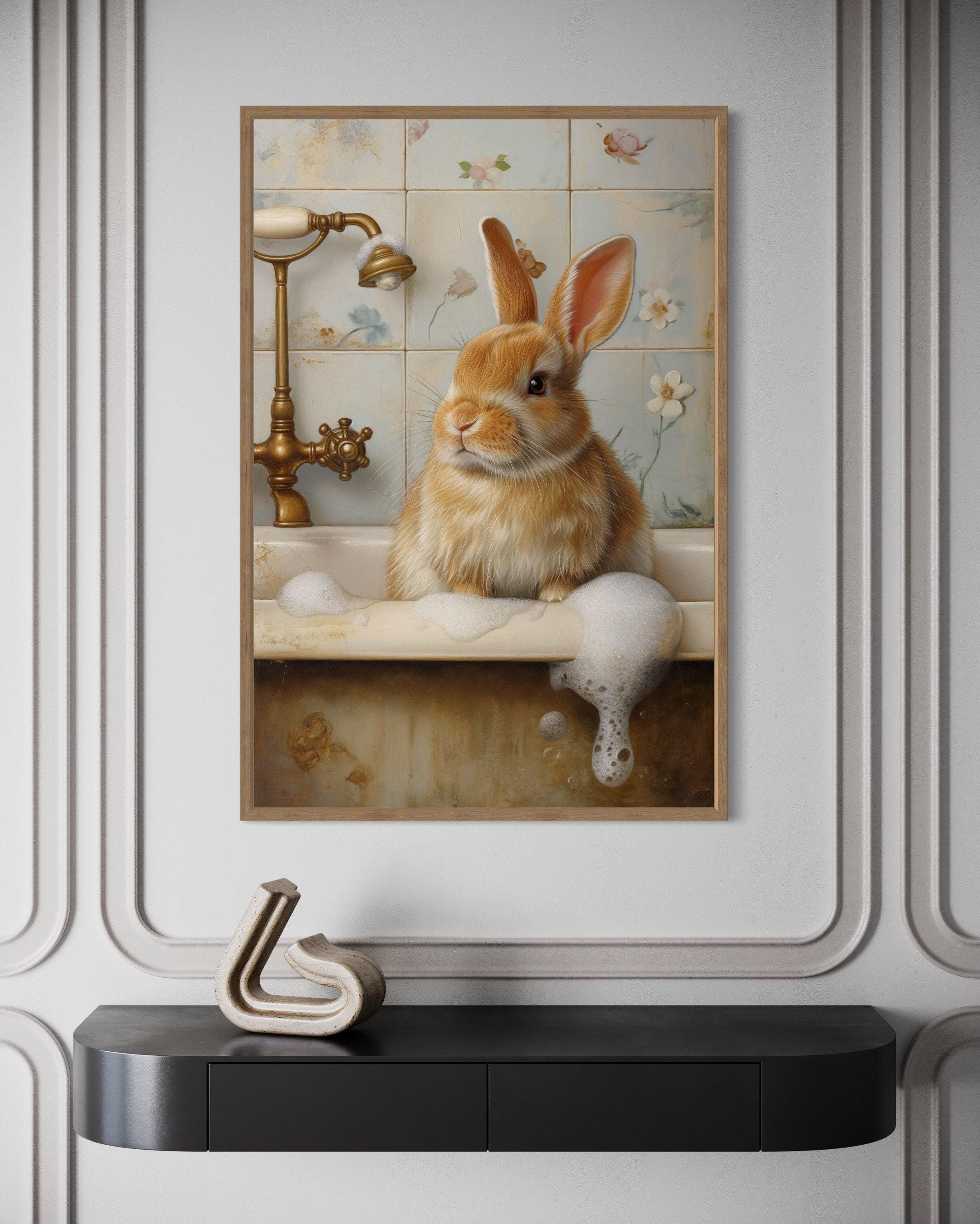 Deviantart Rabbit Bath Rabbit in the Bath Tub Painting Canvas PRINT, Bunny Bathroom Wall Art ...