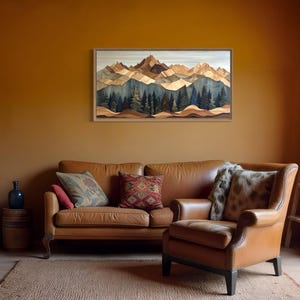 Wooden Mountain With Pine Trees Wall Art Canvas PRINT, Cabin Wall Decor, Rustic Lodge Wall Art Framed Ready To Hang