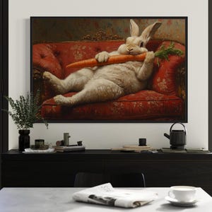Chubby Fat Bunny Victorian Portrait Painting Canvas Print, Kitchen Wall Art Funny Vintage Rabbit Eating Carrot Wall Art Framed Ready To Hang
