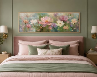Pink Green Floral Wall Art - Long Horizontal Painting Above Bed, Romantic Flowers Botanical Canvas Print Bedroom Decor