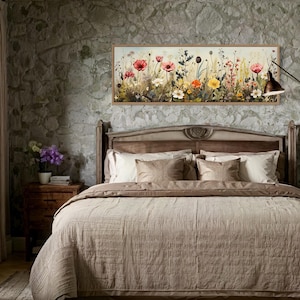 Long Horizontal Farmhouse Wall Art - Panoramic Retro Wildflowers Field Painting Boho Decor  Printed On Canvas Framed Ready To Hang