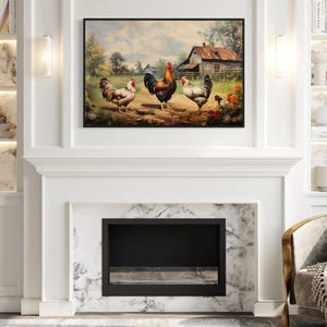a cozy living room with a fireplace, a painting of chickens in a field, and a bookshelf filled with various items.