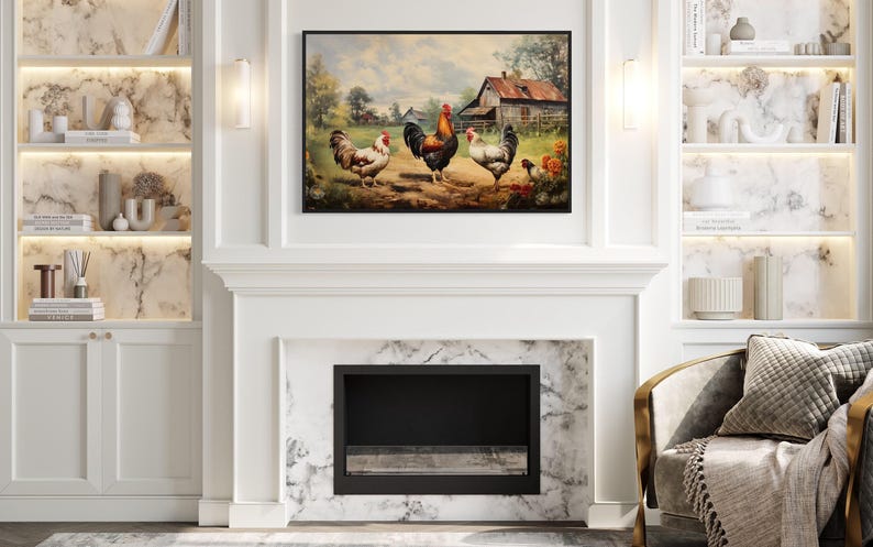 a cozy living room with a fireplace, a painting of chickens in a field, and a bookshelf filled with various items.