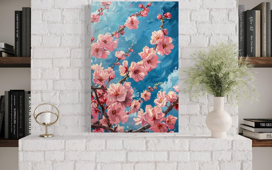 Cherry Blossom Wall Art, Pink Sakura Branch Painting Canvas PRINT, Boho ...