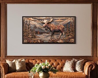 Rustic Moose Wall Art -Wood Panel Effect Moose Painting Canvas PRINT, Wildlife Wall Art, Over Mantel Art, Cabin Decor Framed Ready To Hang