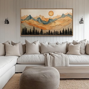Wood Mountain Wall Art Painting Canvas PRINT, Layered Wood Effect Rustic Mountain Cabin Wall Decor Framed Ready To Hang