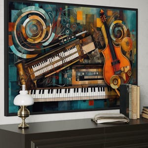 Musical Instruments Abstract Painting Canvas PRINT, Music Wall Art,  Music Room Wall Decor Framed Ready To Hang