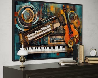 Musical Instruments Abstract Painting Canvas PRINT, Music Wall Art,  Music Room Wall Decor Framed Ready To Hang