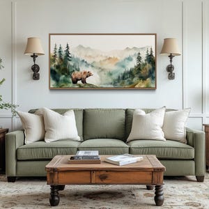Bear In The Wilderness Forest Mountain Landscape Watercolor Painting, Bedroom Wall Art, Wildlife Nursery Art Ready To Hang