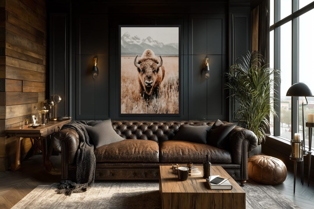 Sepia Bison Canvas Wall Art – Rustic Neutral Buffalo Wildlife Painting ...