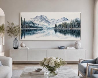Winter Landscape Wall Art Mountain Lake And Pine Tree Forest Watercolor Painting Canvas PRINT, Minimalist Nature Framed Ready To Hang