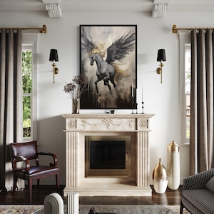 Black Pegasus Wall Art, Winged Horse Abstract Painting Extra Large Canvas PRINT, Greek Mythology Wall Art Framed Or Unframed Ready To Hang