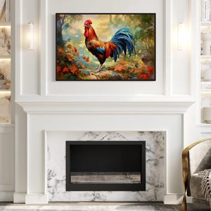 a living room with a white fireplace and a framed painting of a rooster on the wall above it. The painting is vibrant and colorful, adding a lively touch to the room's decor.