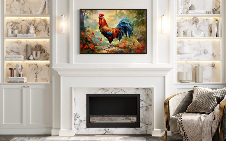 a living room with a white fireplace and a framed painting of a rooster on the wall above it. The painting is vibrant and colorful, adding a lively touch to the room's decor.