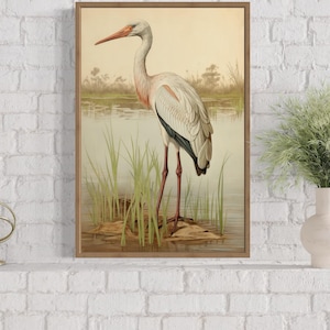 Vintage Stork Painting Canvas PRINT, Retro Lake House Wall Art, Rustic Cabin, Farmhouse Decor, Nature Artwork, Ready To Hang
