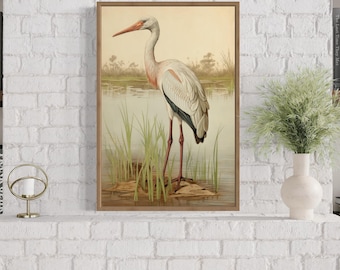Vintage Stork Painting Canvas PRINT, Retro Lake House Wall Art, Rustic Cabin, Farmhouse Decor, Nature Artwork, Ready To Hang