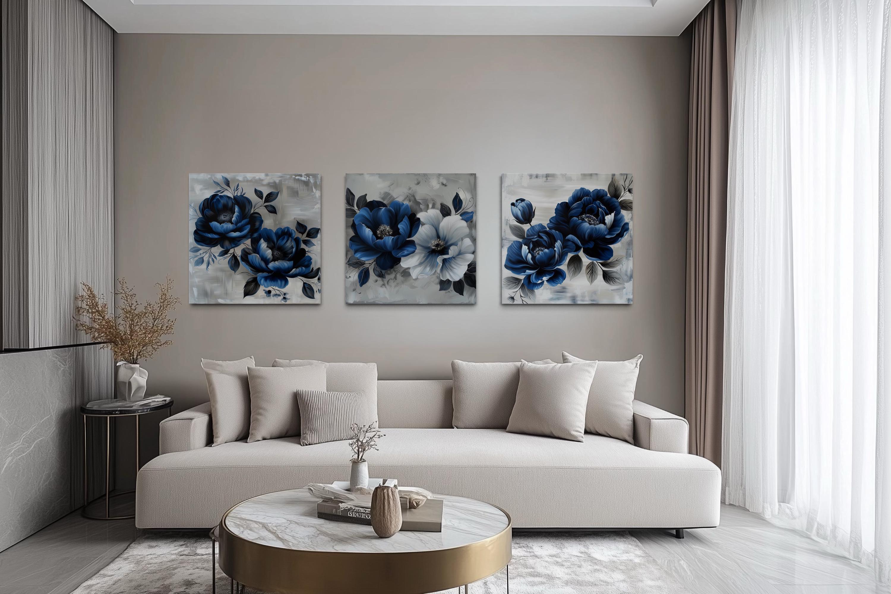 Set of 3 Blue Floral Wall Art – Light Blue and Navy Flower Canvas ...
