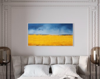Minimalist Blue Yellow Ukrainian Landscape Painting Canvas PRINT, Abstract Sunflower Farm / Sky Ukrainian Flag Style Wall Art Ready To Hang