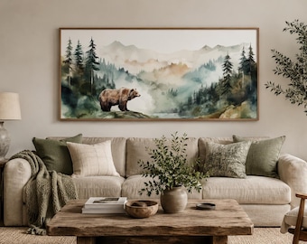 Bear In The Wilderness Forest Mountain Landscape Watercolor Painting, Cabin Wall Art, Wildlife Nursery Art Ready To Hang