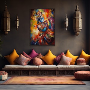 Lord Krishna Colorful Painting - Indian God Traditional Art Canvas Print - Hindu Deity Wall Art -  Framed Or Unframed Ready To Hang
