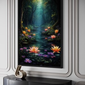 a painting of a lush forest with a stream of water flowing through it, surrounded by vibrant flowers and foliage.