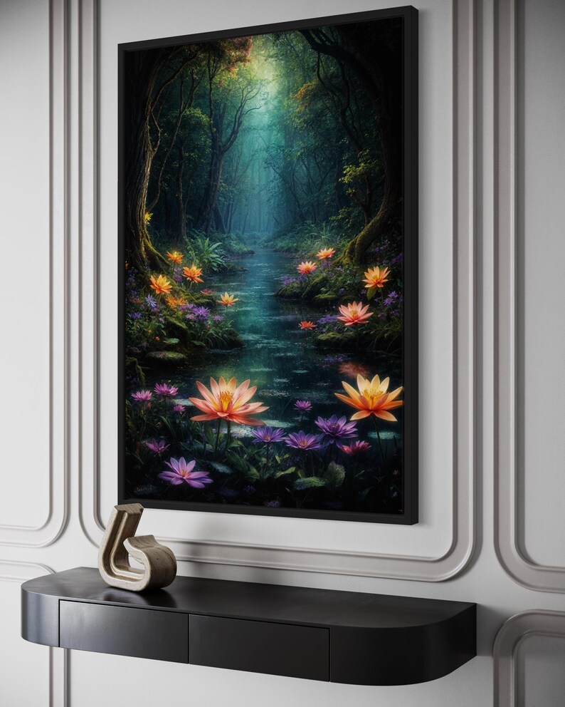 a painting of a lush forest with a stream of water flowing through it, surrounded by vibrant flowers and foliage.
